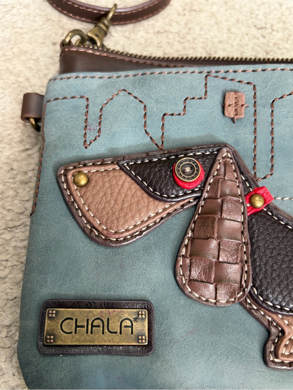 NWOT Chala Dachshund Wiener Dog Bag in Indigo & Brown, 2 Adjustable Straps - Picture 4 of 12